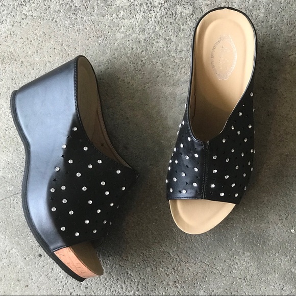 Italina Black Star Rhinestone Embellished Comfortable Chunky Platform Wedge Heel - Picture 6 of 9